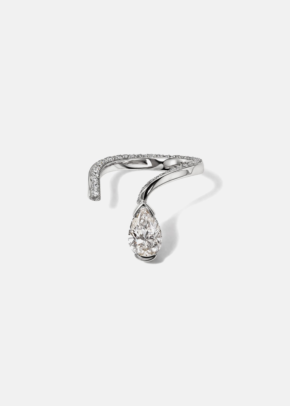 A 18k white gold open wrap ring featuring a pear-cut diamond and a pavé diamonds along the band.