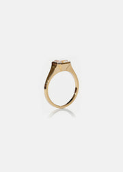 18k yellow gold tapering gold band - with a bezel set asscher cut diamond-side view
