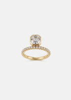 18k yellow gold engagement ring with a suspended floating asscher cut diamond and half pavé band
