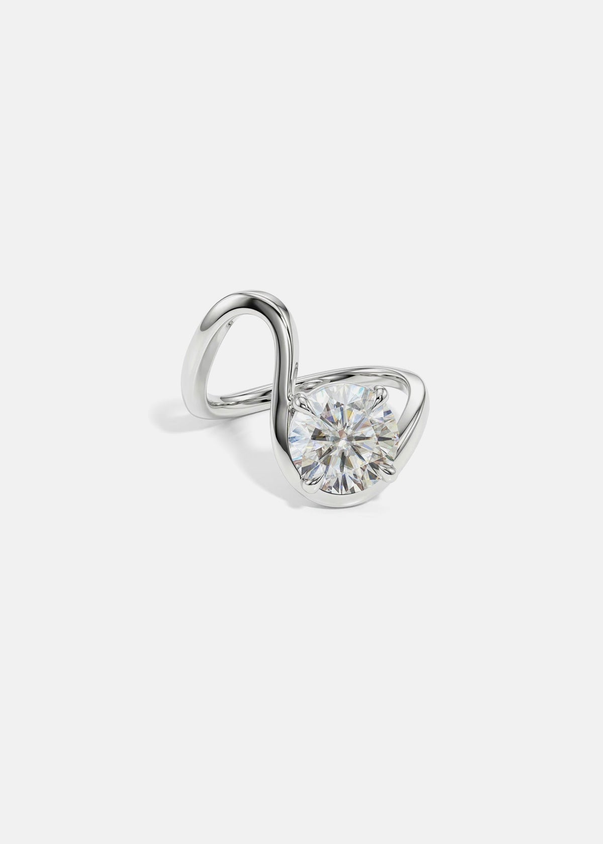 front view- a 18k white gold ring with a unique sculptural, flowing, wavy band nestling a large round cut diamond-clean light gray background-KATKIM-engagement ring-fine jewelry