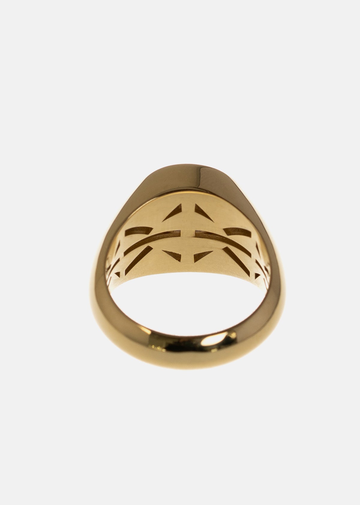 the back view of a tapering gold band with the KATKIM design on the back of the band.