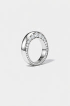 18k yellow gold ring with tapering diamonds on a white background.