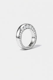 18k yellow gold ring with tapering diamonds on a white background.