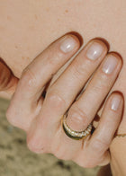 Close-up of a hand wearing a gold ring with a tapering of diamonds.