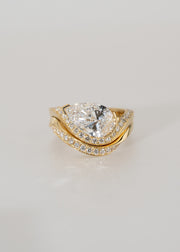 18k yellow gold ring- wave band with pavé diamonds- pear cut diamond- engagement ring- paired with a matching pavé gold band