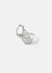 front view- 18k white gold trace band with a floating pear cut diamond