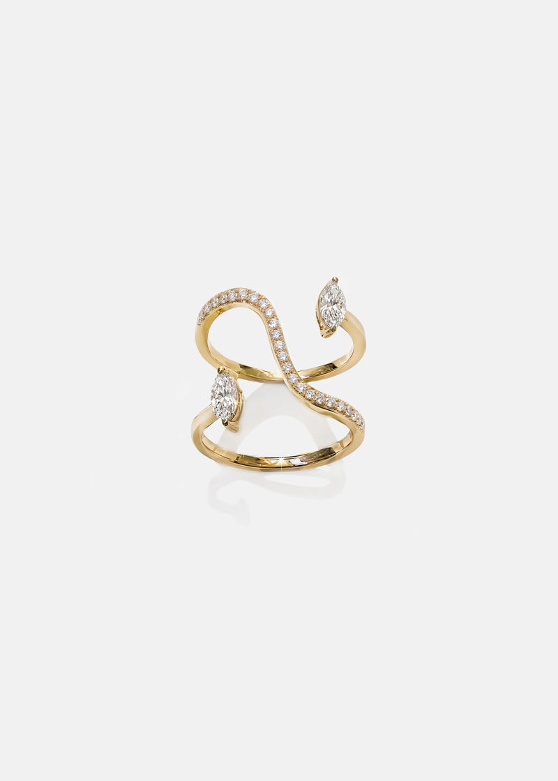 A 18k yellow gold snake-like band shape ring featuring a body paved with small round cut diamonds and two small marquise diamonds as accents.