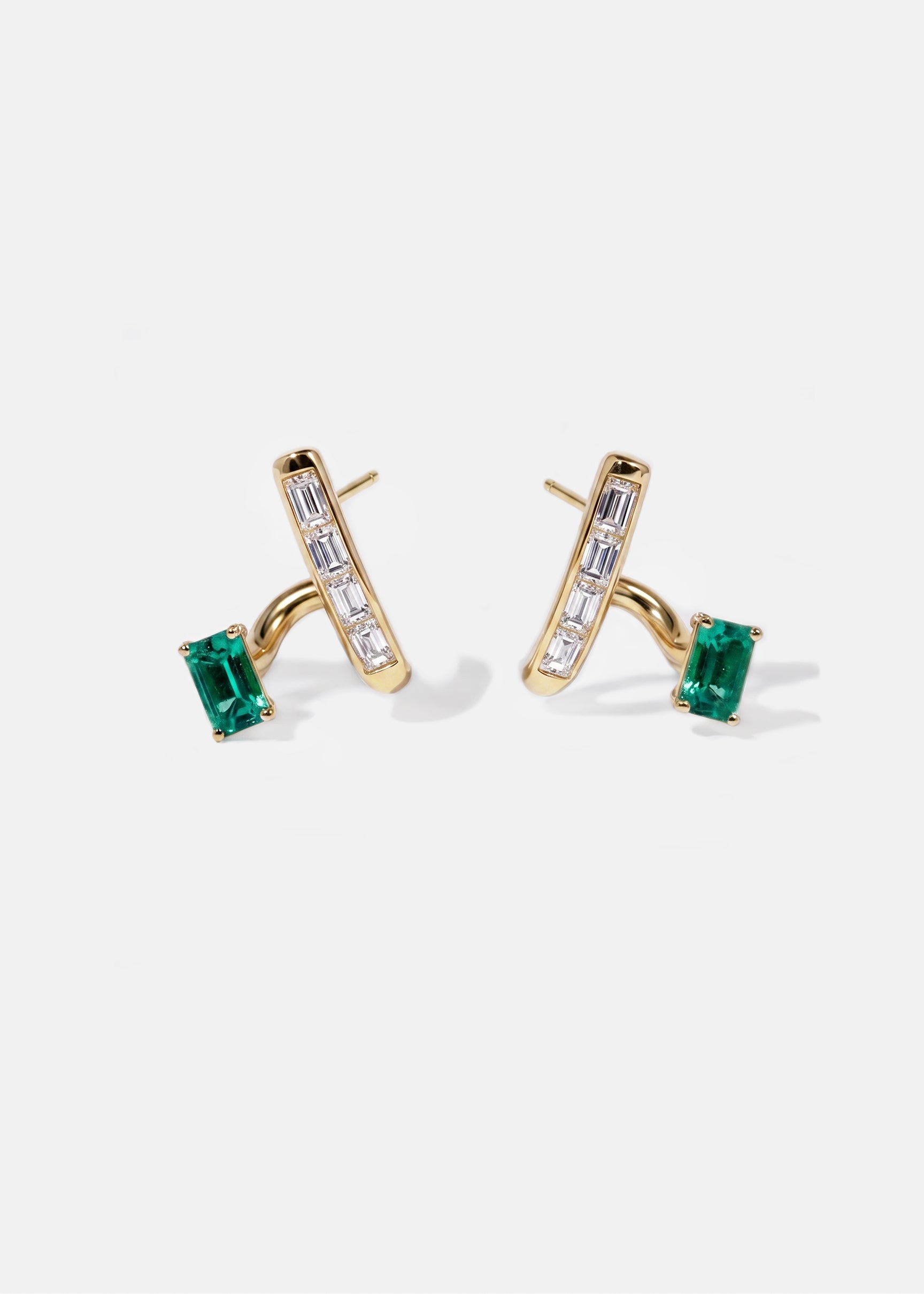 18k yellow gold, front, Emerald Crescendo Flare Earrings, channel set baguette diamonds, floating green emerald cut - KATKIM