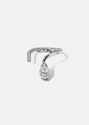 A 18k white gold open wrap ring featuring a pear-cut diamond and a pavé diamonds along the band.