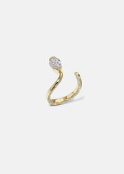 A 18k yellow gold open wrap ring featuring a pear-cut diamond and a pavé diamonds along the band.