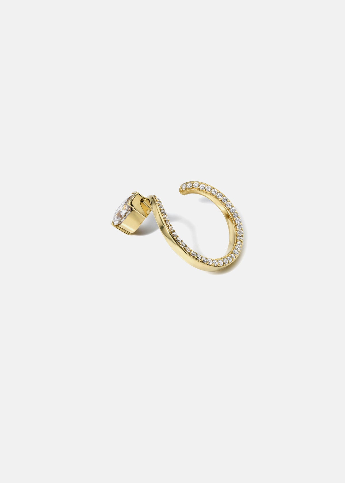 A back view of a 18k yellow gold open wrap ring featuring a pear-cut diamond and a pavé diamonds along the band.